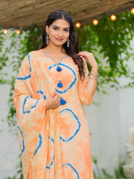 Cotton Dobby Tie and Dye Effect Kurta Pants and Dupatta