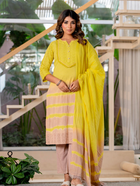 Women Yellow Tie&Dye Straight shape, kurta, pant & Duptta