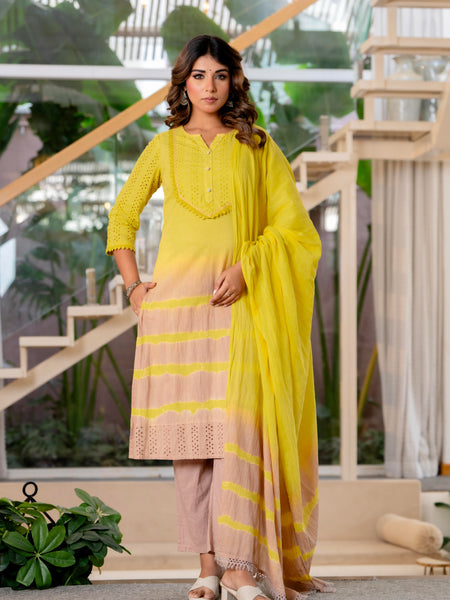 Women Yellow Tie&Dye Straight shape, kurta, pant & Duptta