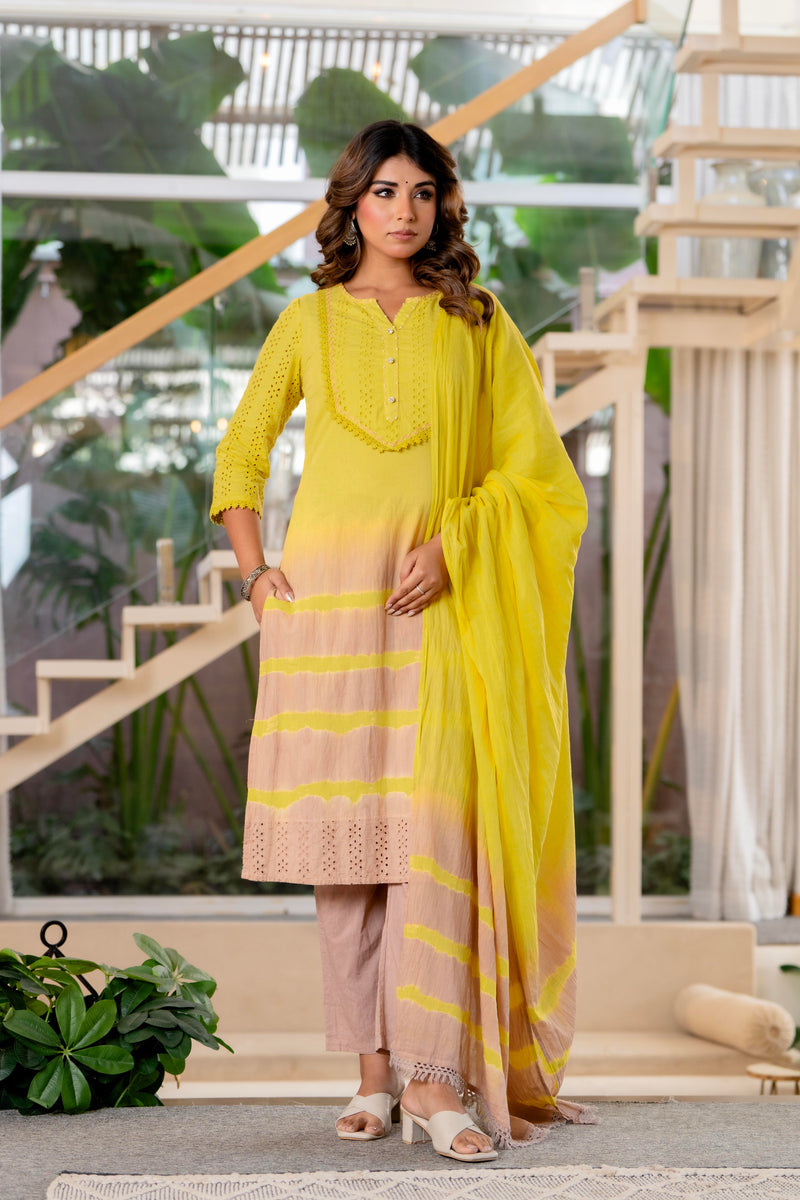 Women Yellow Tie&Dye Straight shape, kurta, pant & Duptta