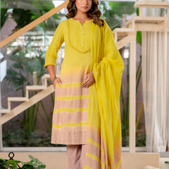 Women Yellow Tie&Dye Straight shape, kurta, pant & Duptta