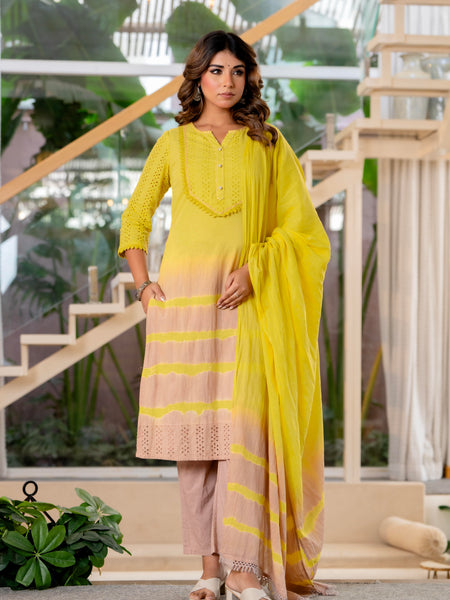 Women Yellow Tie&Dye Straight shape, kurta, pant & Duptta