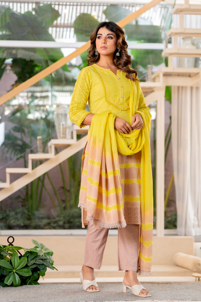 Women Yellow Tie&Dye Straight shape, kurta, pant & Duptta