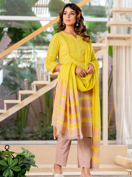 Women Yellow Tie&Dye Straight shape, kurta, pant & Duptta
