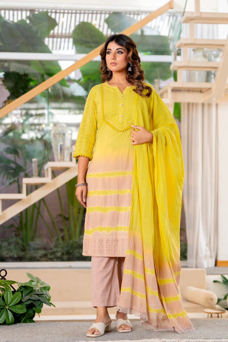 Women Yellow Tie&Dye Straight shape, kurta, pant & Duptta