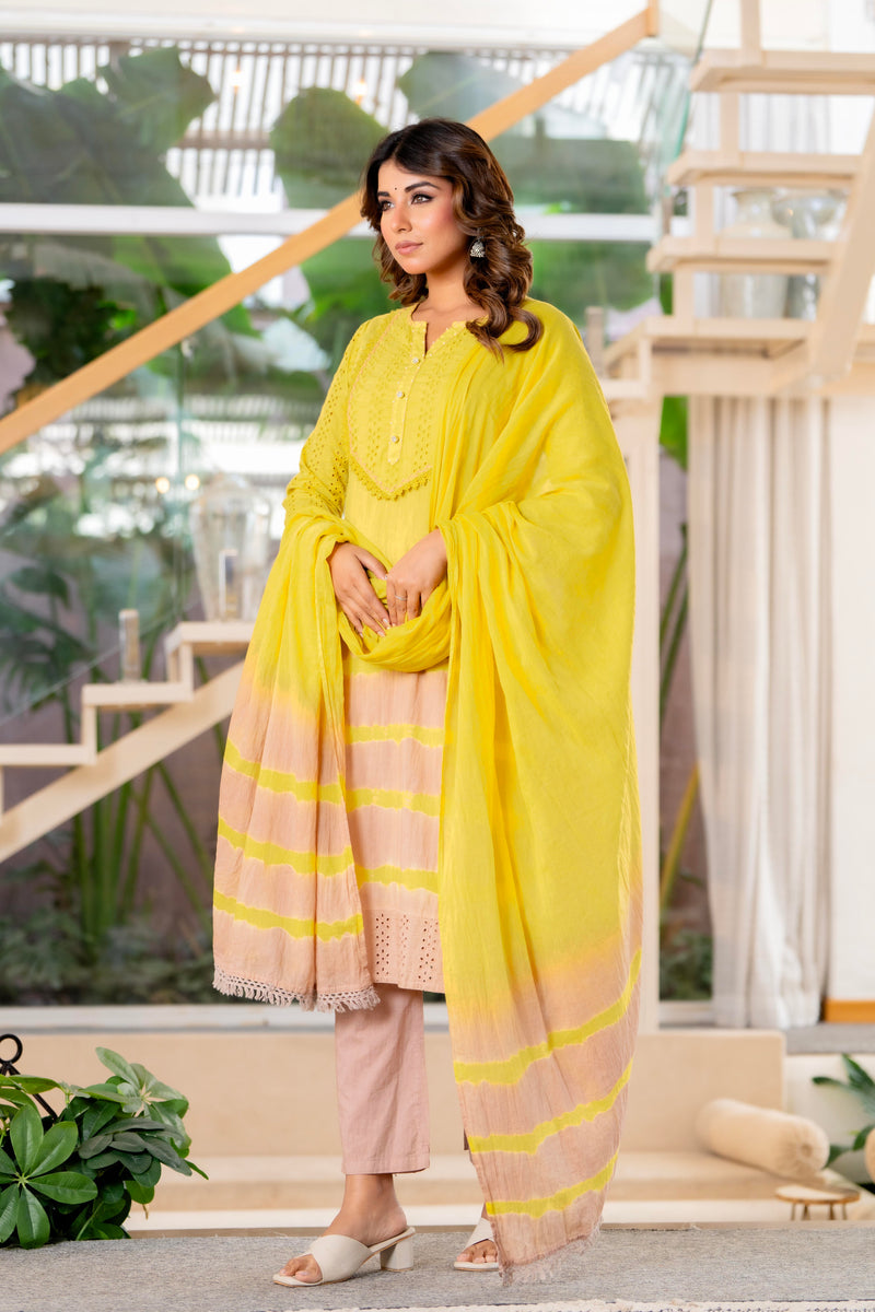 Women Yellow Tie&Dye Straight shape, kurta, pant & Duptta