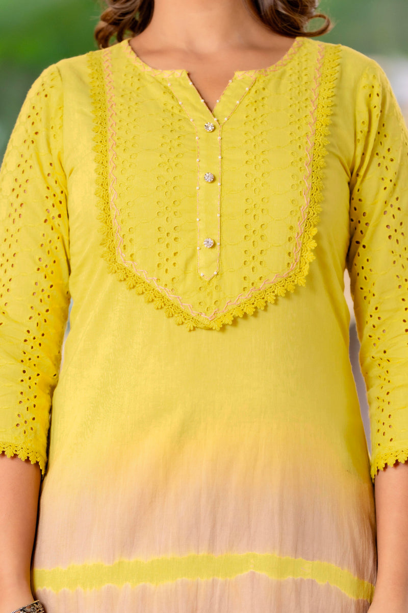 Women Yellow Tie&Dye Straight shape, kurta, pant & Duptta