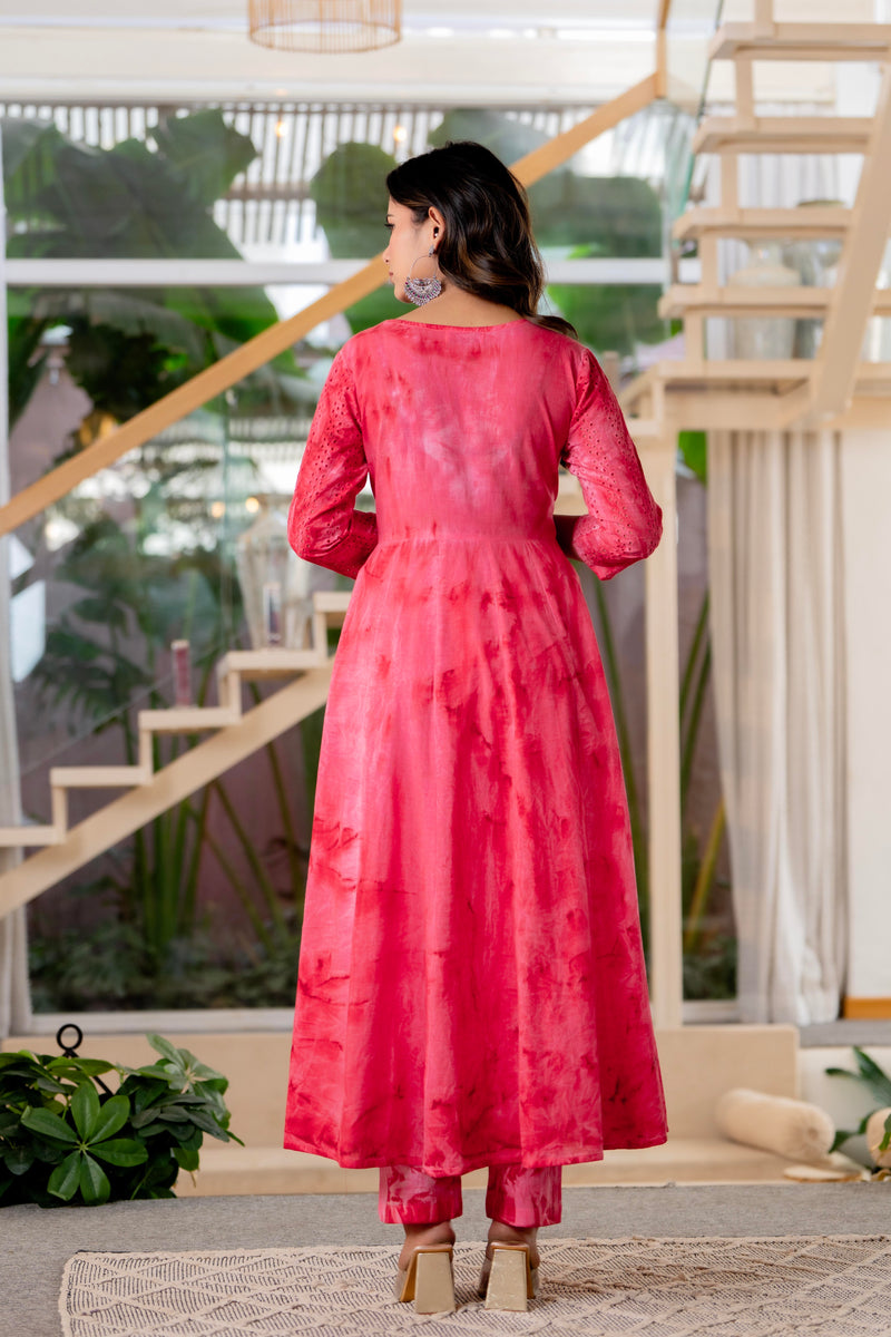 Women Rubyred Tie&Dye Anarkali shape, kurta, pant & Duptta
