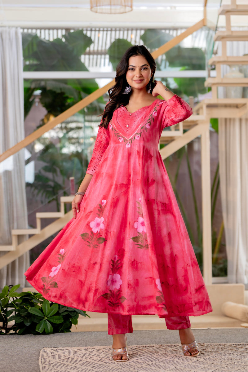 Women Rubyred Tie&Dye Anarkali shape, kurta, pant & Duptta