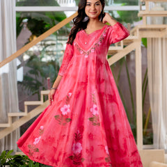 Women Rubyred Tie&Dye Anarkali shape, kurta, pant & Duptta