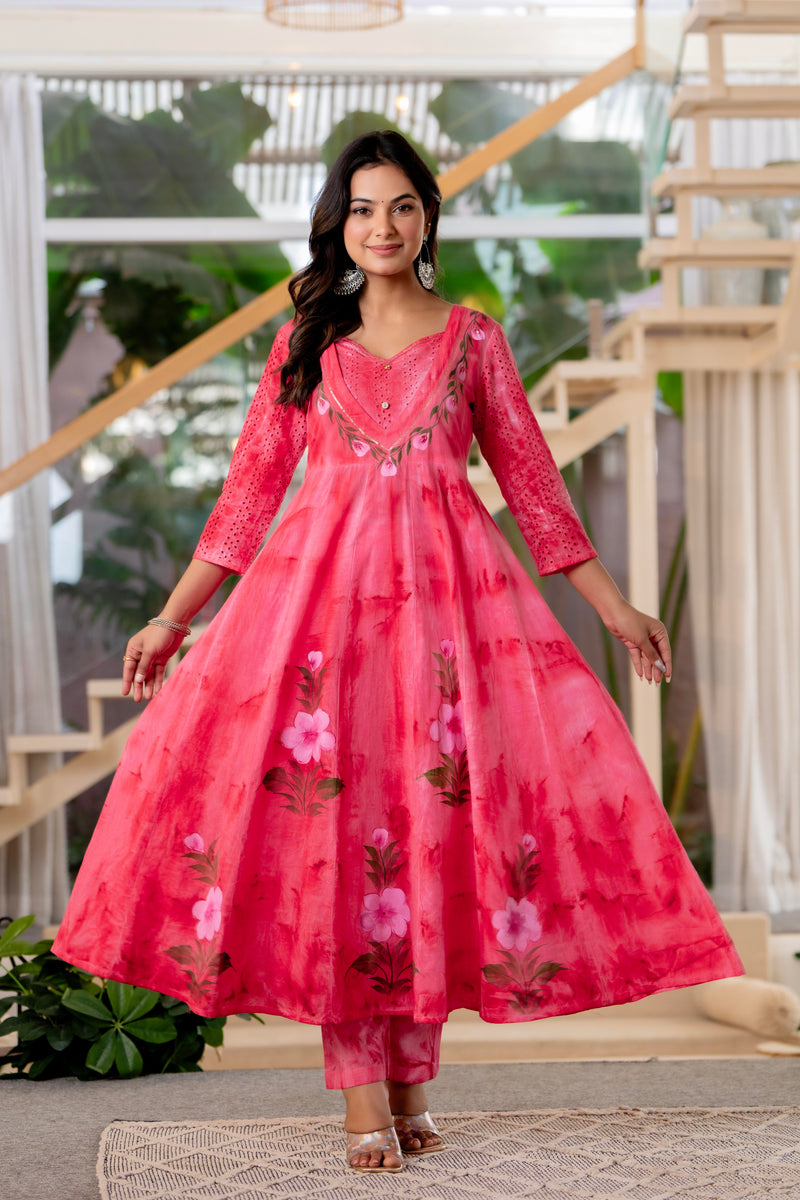 Women Rubyred Tie&Dye Anarkali shape, kurta, pant & Duptta
