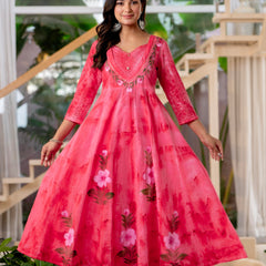 Women Rubyred Tie&Dye Anarkali shape, kurta, pant & Duptta