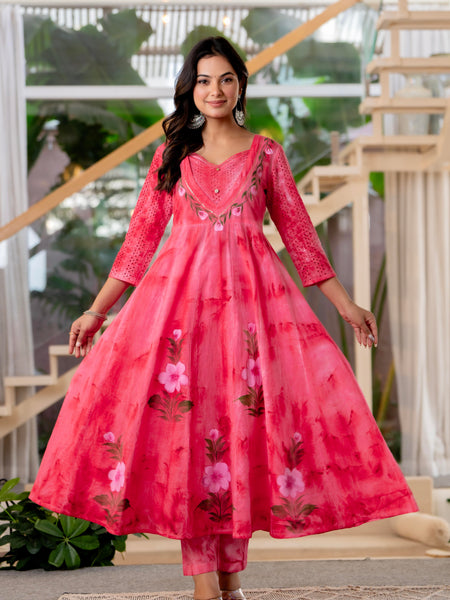 Women Rubyred Tie&Dye Anarkali shape, kurta, pant & Duptta