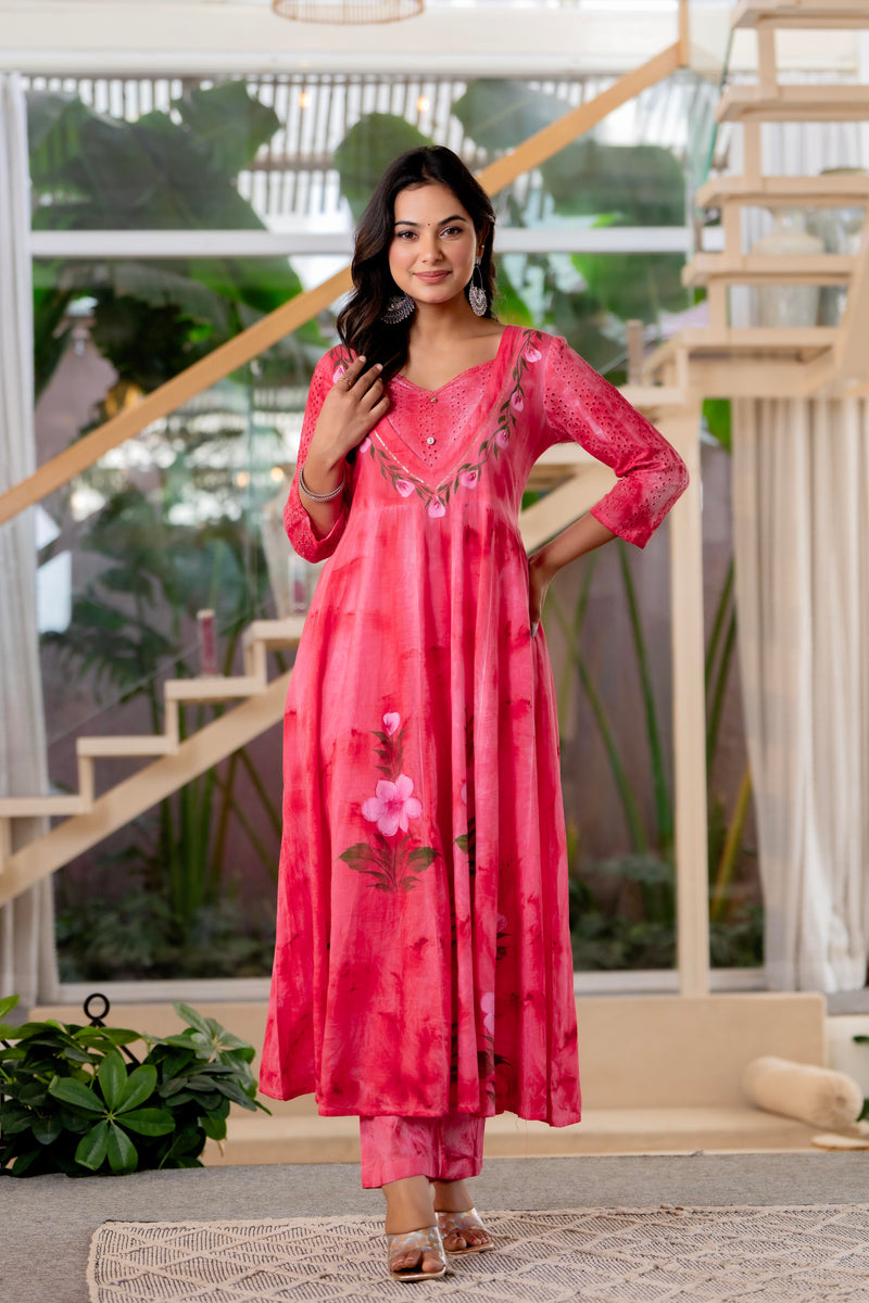 Women Rubyred Tie&Dye Anarkali shape, kurta, pant & Duptta