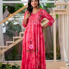 Women Rubyred Tie&Dye Anarkali shape, kurta, pant & Duptta