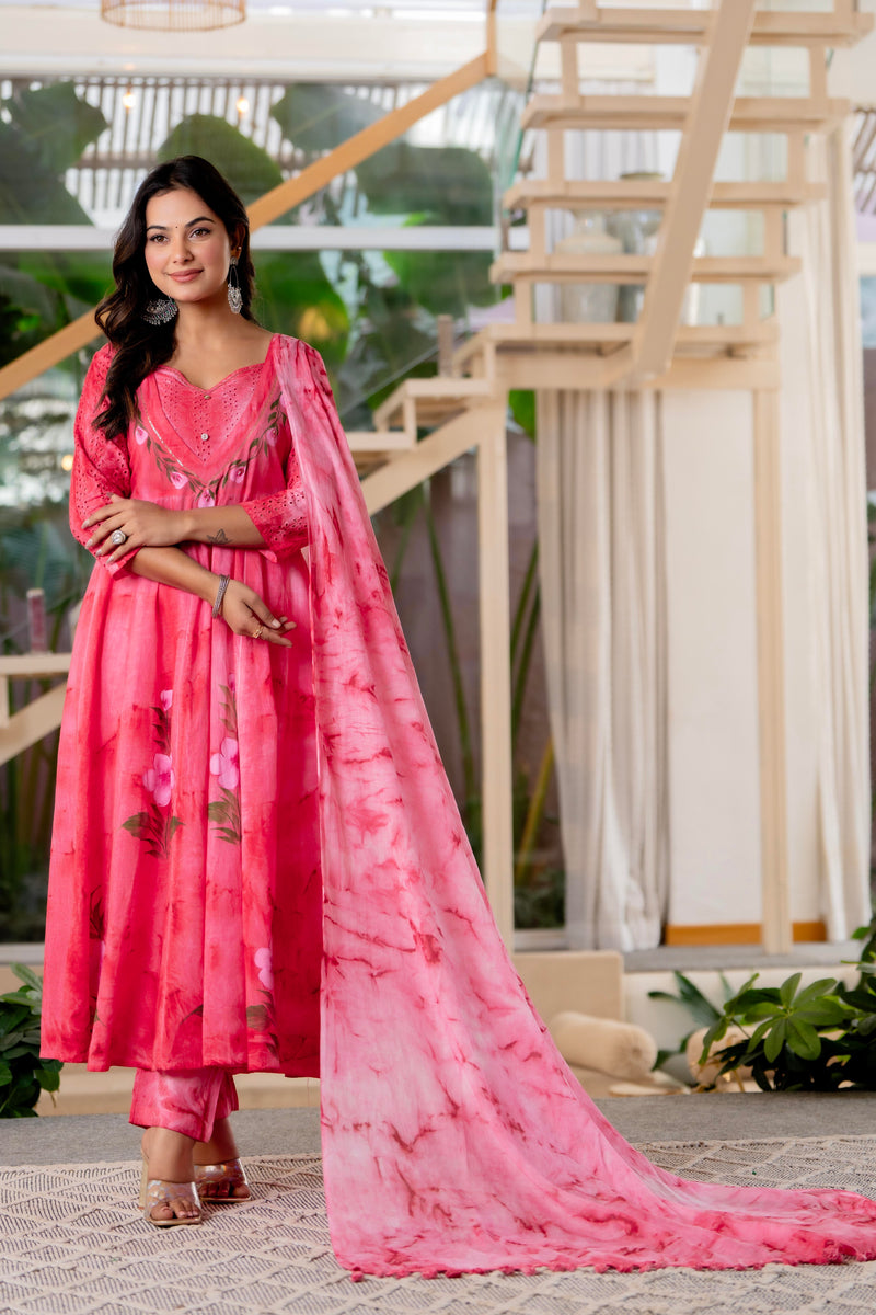 Women Rubyred Tie&Dye Anarkali shape, kurta, pant & Duptta