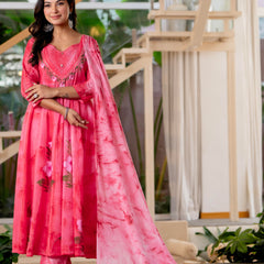 Women Rubyred Tie&Dye Anarkali shape, kurta, pant & Duptta