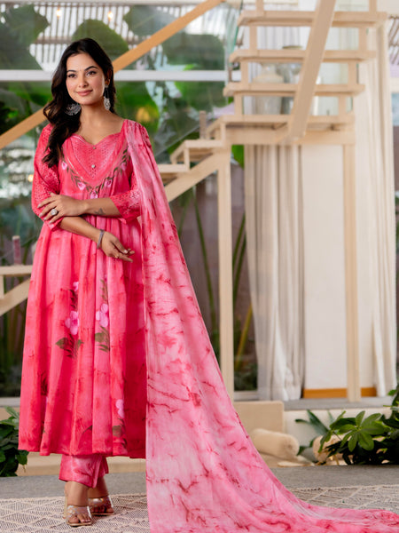 Women Rubyred Tie&Dye Anarkali shape, kurta, pant & Duptta