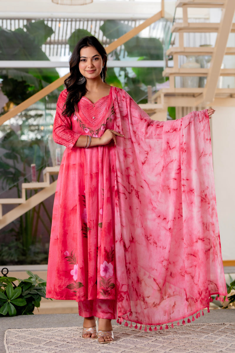 Women Rubyred Tie&Dye Anarkali shape, kurta, pant & Duptta