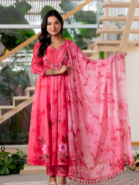 Women Rubyred Tie&Dye Anarkali shape, kurta, pant & Duptta