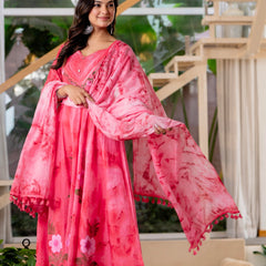 Women Rubyred Tie&Dye Anarkali shape, kurta, pant & Duptta