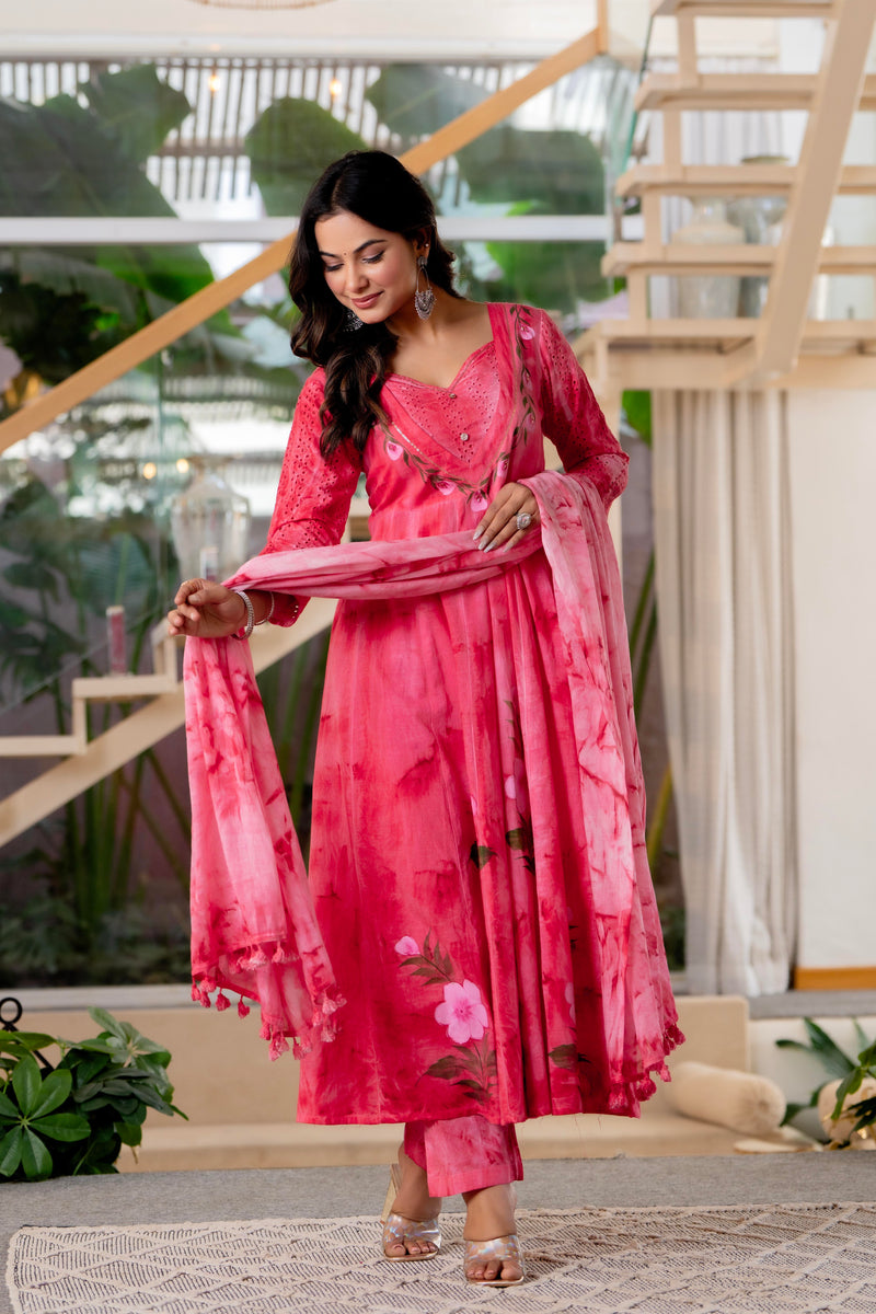 Women Rubyred Tie&Dye Anarkali shape, kurta, pant & Duptta