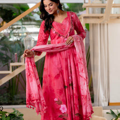 Women Rubyred Tie&Dye Anarkali shape, kurta, pant & Duptta