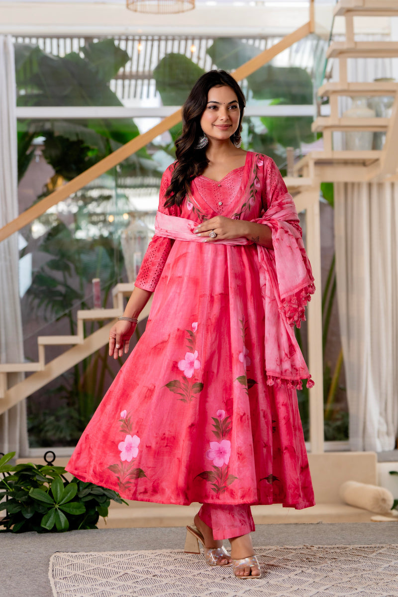 Women Rubyred Tie&Dye Anarkali shape, kurta, pant & Duptta