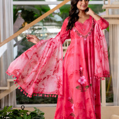 Women Rubyred Tie&Dye Anarkali shape, kurta, pant & Duptta