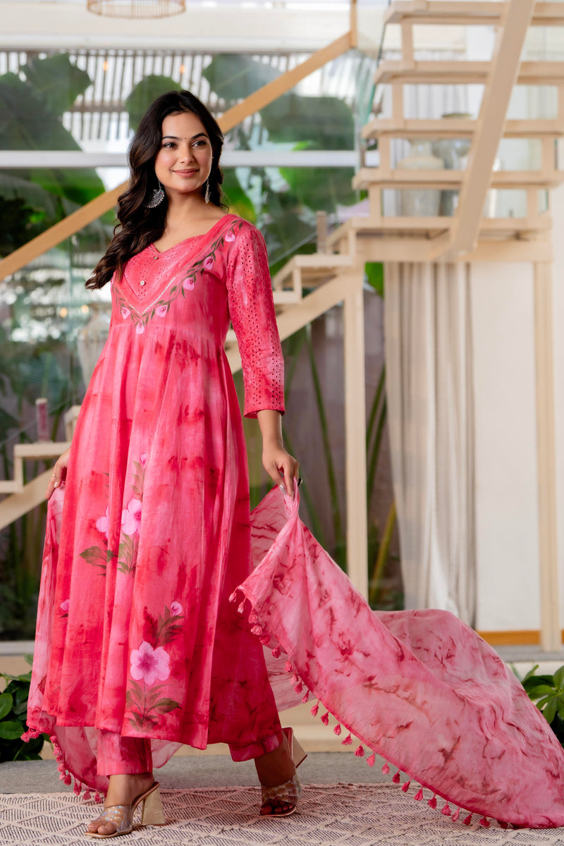 Women Rubyred Tie&Dye Anarkali shape, kurta, pant & Duptta