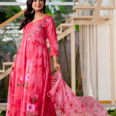 Women Rubyred Tie&Dye Anarkali shape, kurta, pant & Duptta