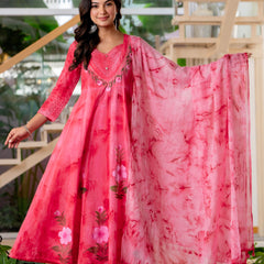 Women Rubyred Tie&Dye Anarkali shape, kurta, pant & Duptta