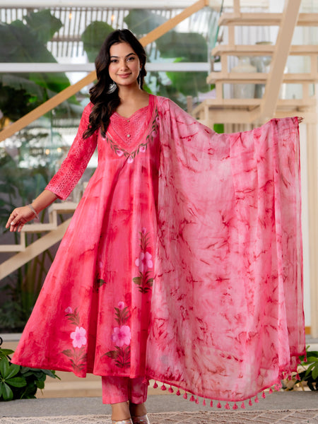 Women Rubyred Tie&Dye Anarkali shape, kurta, pant & Duptta
