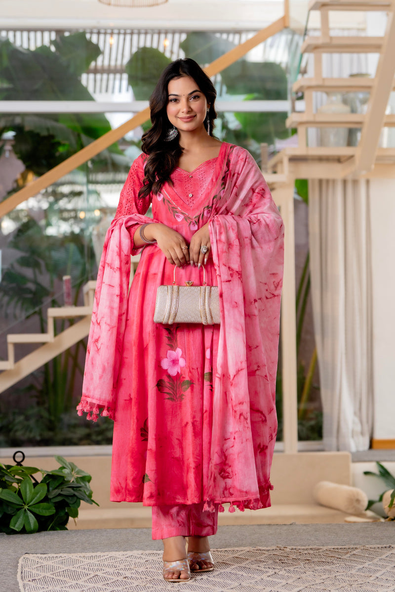 Women Rubyred Tie&Dye Anarkali shape, kurta, pant & Duptta