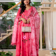 Women Rubyred Tie&Dye Anarkali shape, kurta, pant & Duptta