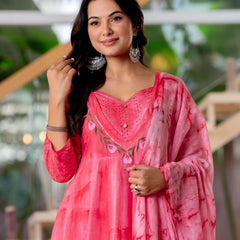 Women Rubyred Tie&Dye Anarkali shape, kurta, pant & Duptta