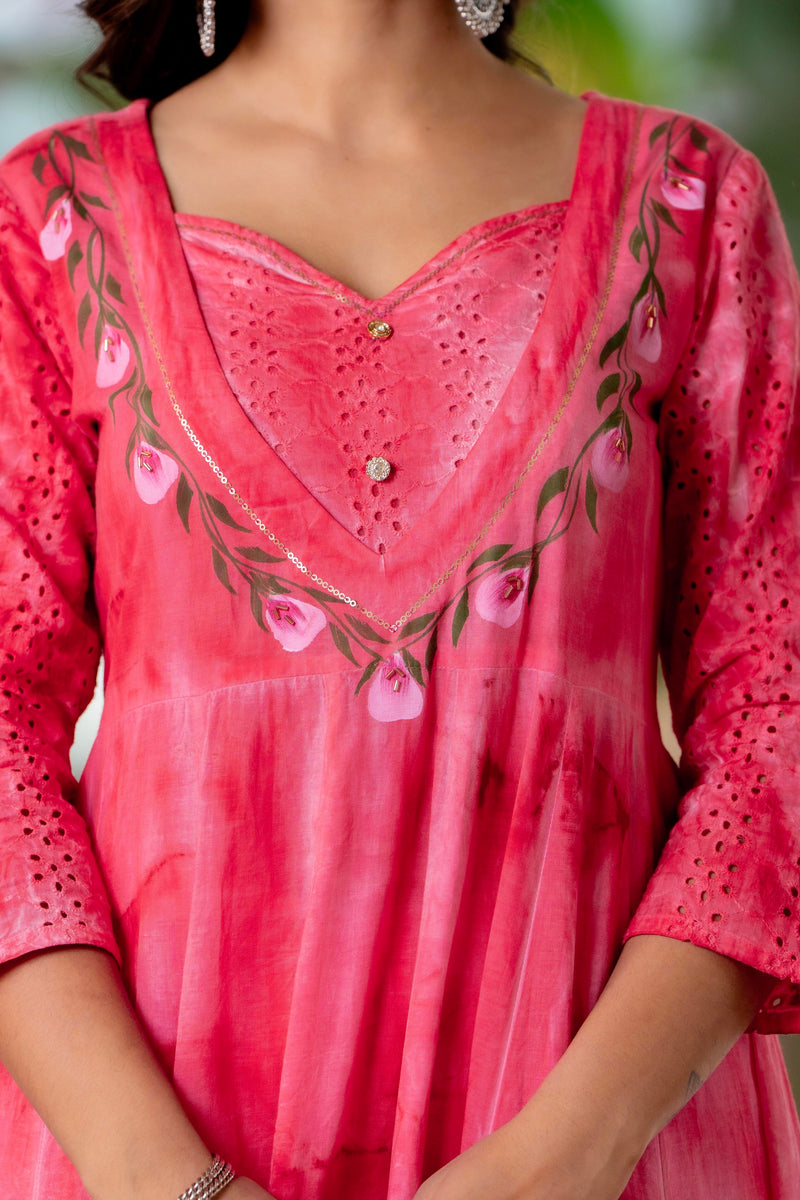 Women Rubyred Tie&Dye Anarkali shape, kurta, pant & Duptta