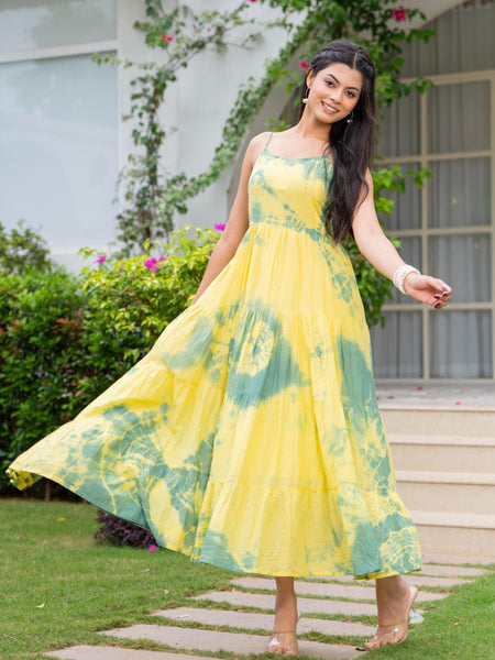 MulCotton Tie and Dye Sleeveless Tiered Dress