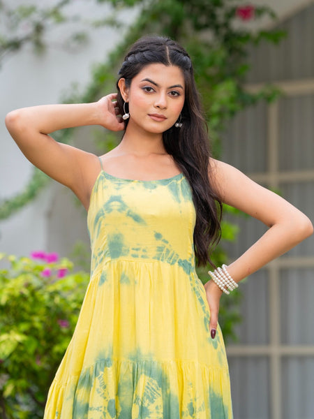 MulCotton Tie and Dye Sleeveless Tiered Dress
