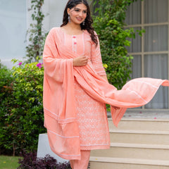 Cotton Schiffili Embroidered Kurta Pants and Dupatta
