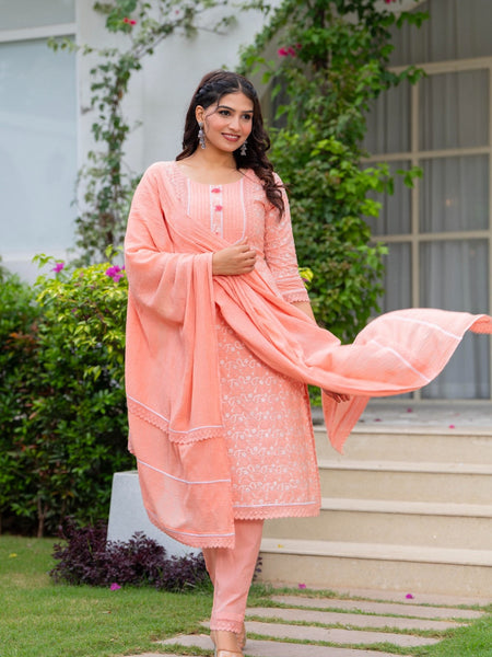 Cotton Schiffili Embroidered Kurta Pants and Dupatta