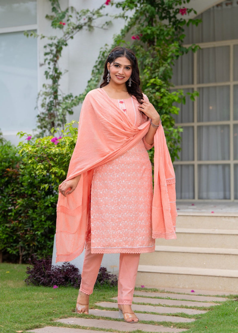 Cotton Schiffili Embroidered Kurta Pants and Dupatta