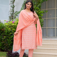 Cotton Schiffili Embroidered Kurta Pants and Dupatta