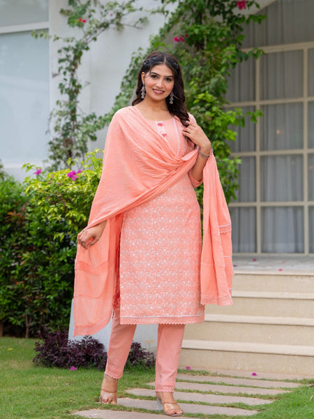 Cotton Schiffili Embroidered Kurta Pants and Dupatta