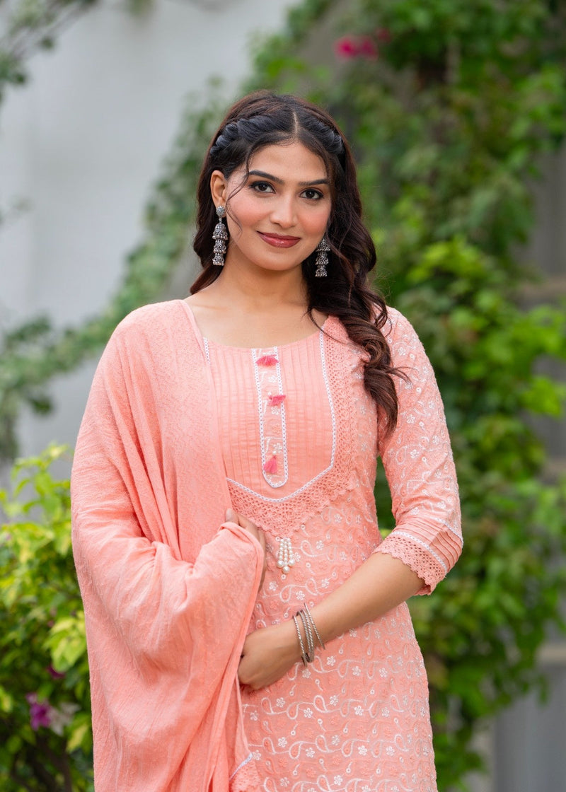 Cotton Schiffili Embroidered Kurta Pants and Dupatta