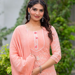 Cotton Schiffili Embroidered Kurta Pants and Dupatta