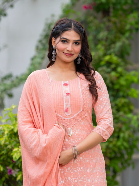 Cotton Schiffili Embroidered Kurta Pants and Dupatta