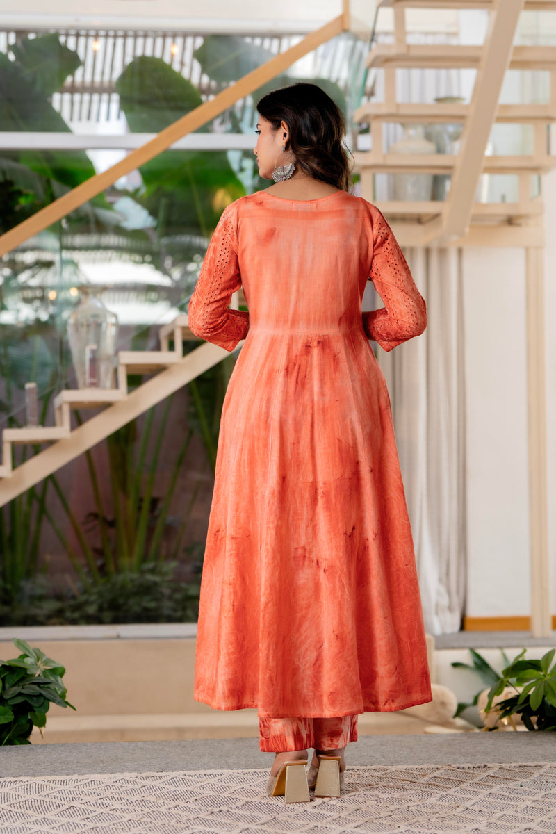 Women Orange Tie&Dye Anarkali shape, kurta, pant & Duptta