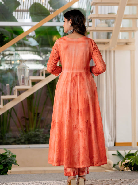 Women Orange Tie&Dye Anarkali shape, kurta, pant & Duptta