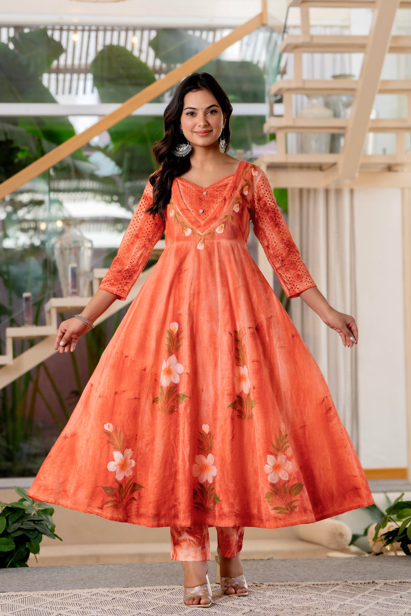 Women Orange Tie&Dye Anarkali shape, kurta, pant & Duptta